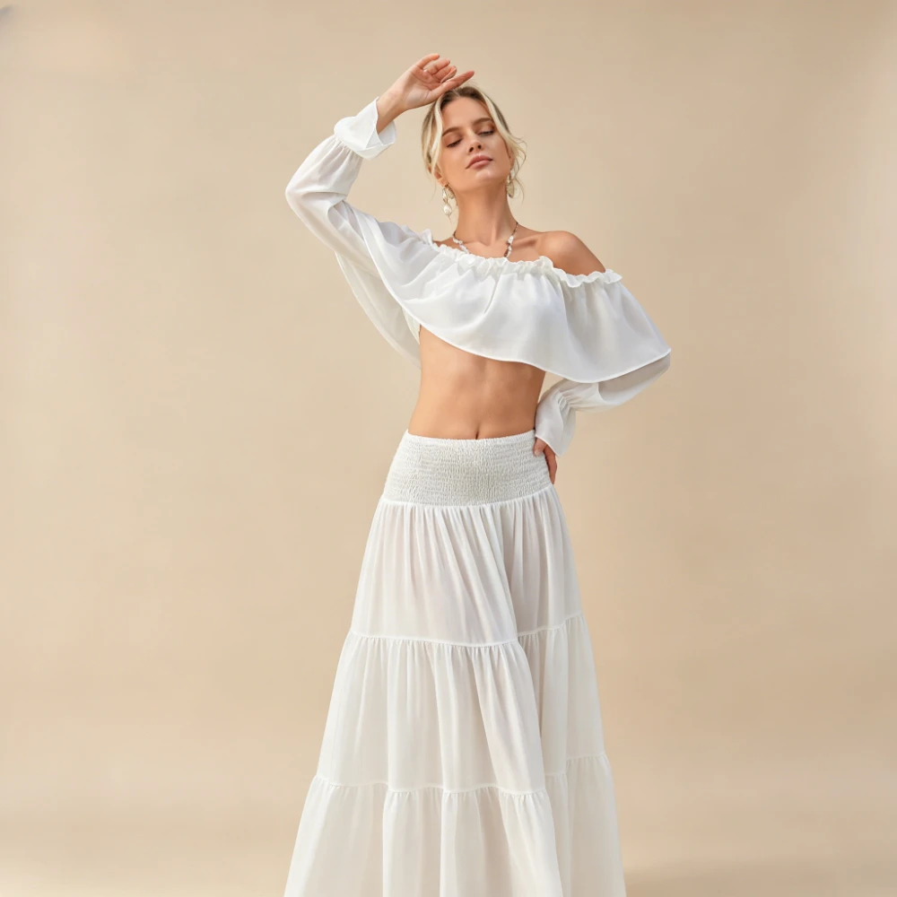 2026 New Boho White 2-Piece Outfit for Women, Off Shoulder Ruffle Crop Top + Tiered Maxi Skirt Set, Chiffon Beach Cover Up
2026 New Boho White 2-Piece Outfit for Women, Off Shoulder Ruffle Crop Top + Tiered Maxi Skirt Set, Chiffon Beach Cover Up