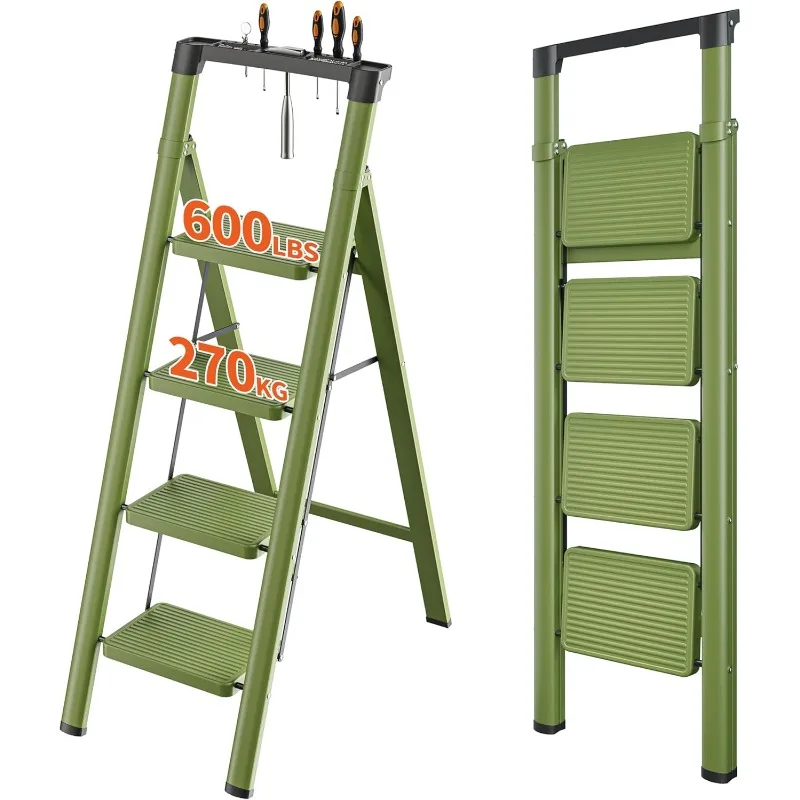 4 Step Ladder, Folding Step Stool with Tool Platform, 600lbs Portable Sturdy Steel Ladder with Wide Anti-Sl
4 Step Ladder, Folding Step Stool with Tool Platform, 600lbs Portable Sturdy Steel Ladder with Wide Anti-Sl