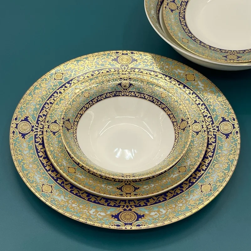 HYS Blue Bone China Embossed Gold Plate Palace Plate Middle East Ceramic Set
HYS Blue Bone China Embossed Gold Plate Palace Plate Middle East Ceramic Set