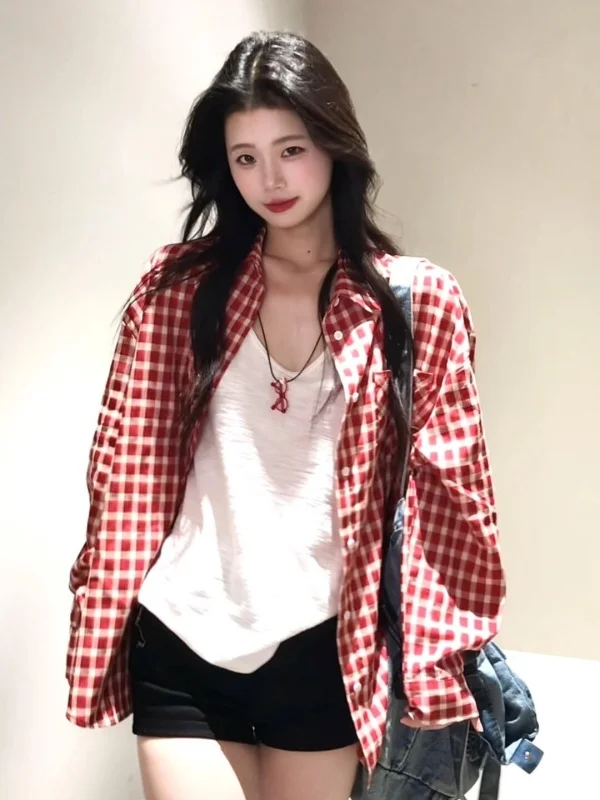 Sli Red Plaid irt Jaet Women's Vintage American Beau Early Spring New Arrival Long Sve Loose Fit Button up
Sli Red Plaid irt Jaet Women's Vintage American Beau Early Spring New Arrival Long Sve Loose Fit Button up