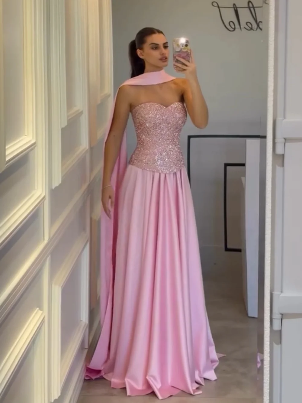 Luxurious Sequin Satin Evening Dress Alluring Strapless Evening Gown Shiny Cape-Trim Floor-Length Party Gown Customized 
Luxurious Sequin Satin Evening Dress Alluring Strapless Evening Gown Shiny Cape-Trim Floor-Length Party Gown Customized