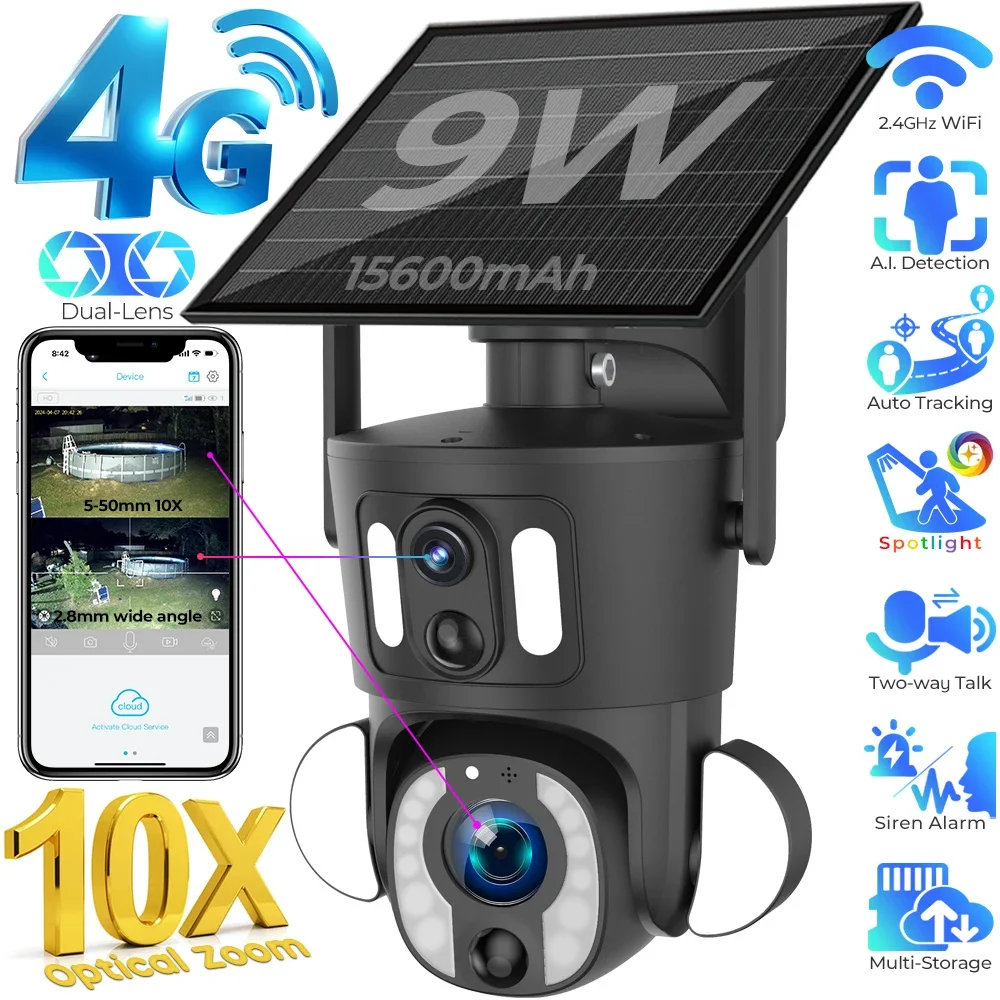 Dual Lens 10X Optical Zoom Solar Security Camera 5MP WiFi/4G LTE Sim Card PTZ IP Camera Auto Tracking Dome Surveillance Cameras
Dual Lens 10X Optical Zoom Solar Security Camera 5MP WiFi/4G LTE Sim Card PTZ IP Camera Auto Tracking Dome Surveillance Cameras
