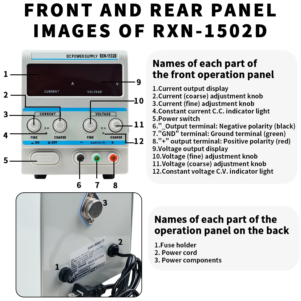 DC Regulated Power Supply RXN-1502D 1503D Adjustable Laboratory Voltage Regulator Stabilizer Switching Bench Source 15V 2A / 3A
DC Regulated Power Supply RXN-1502D 1503D Adjustable Laboratory Voltage Regulator Stabilizer Switching Bench Source 15V 2A / 3A