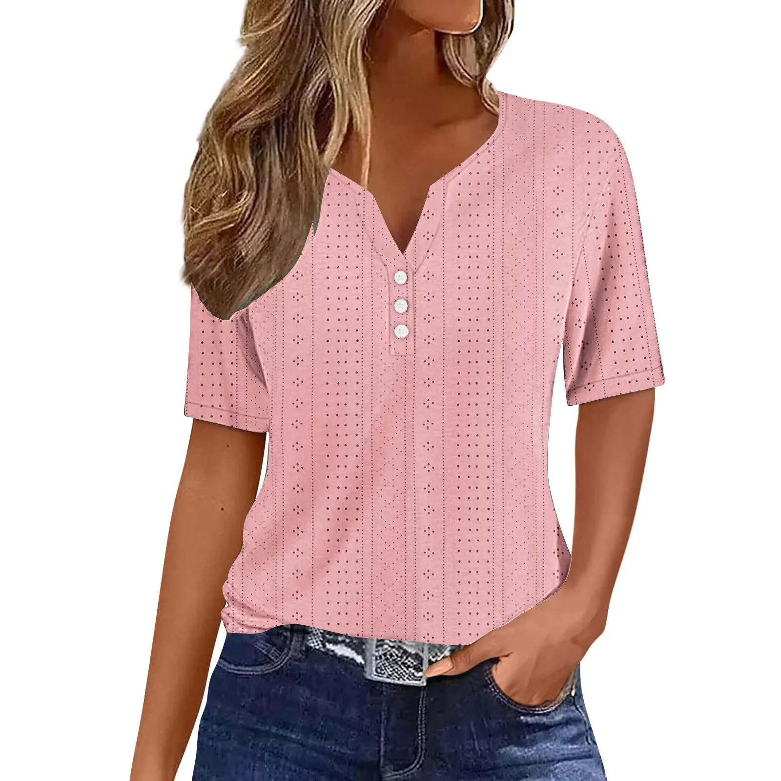 Women's Short-sleeved T-shirt Summer Top Fashion Casual Loose and Comfortable V-neck Jacquard Hollow
Women's Short-sleeved T-shirt Summer Top Fashion Casual Loose and Comfortable V-neck Jacquard Hollow