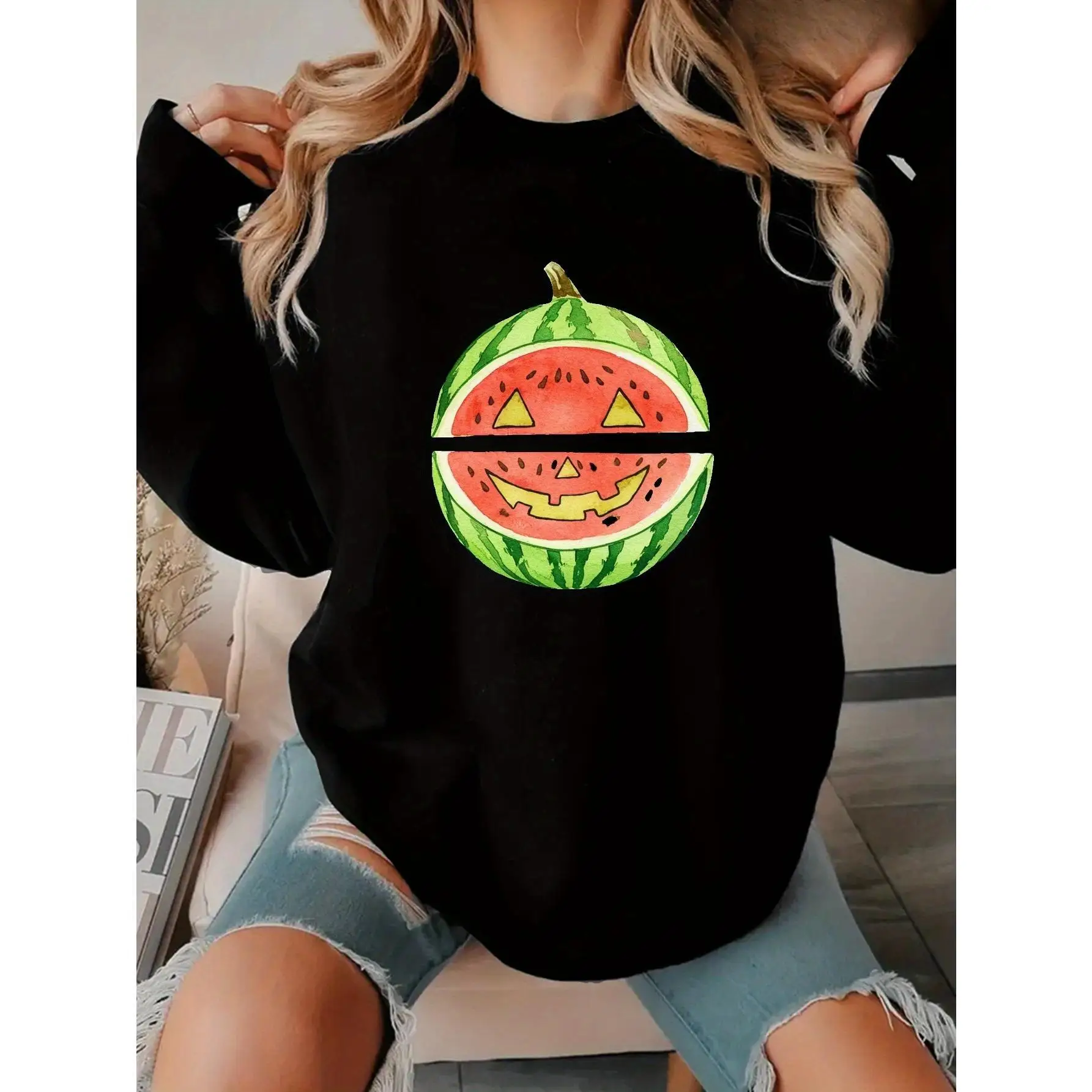 Funny Watermelon Jack-O-Lantern Sweatshirt for Women, Halloween Spooky Fruit Crewneck Pullover, Cute Summer Pumpkin Party Gift
Funny Watermelon Jack-O-Lantern Sweatshirt for Women, Halloween Spooky Fruit Crewneck Pullover, Cute Summer Pumpkin Party Gift