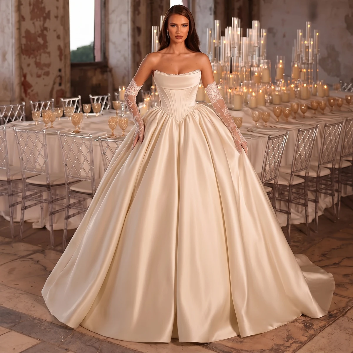 Elegant Satin Pearl Strapless Wedding Dress For Women Pleated Bridal Party Gown Long Ball Gown With Train Vestidos Novia
Elegant Satin Pearl Strapless Wedding Dress For Women Pleated Bridal Party Gown Long Ball Gown With Train Vestidos Novia