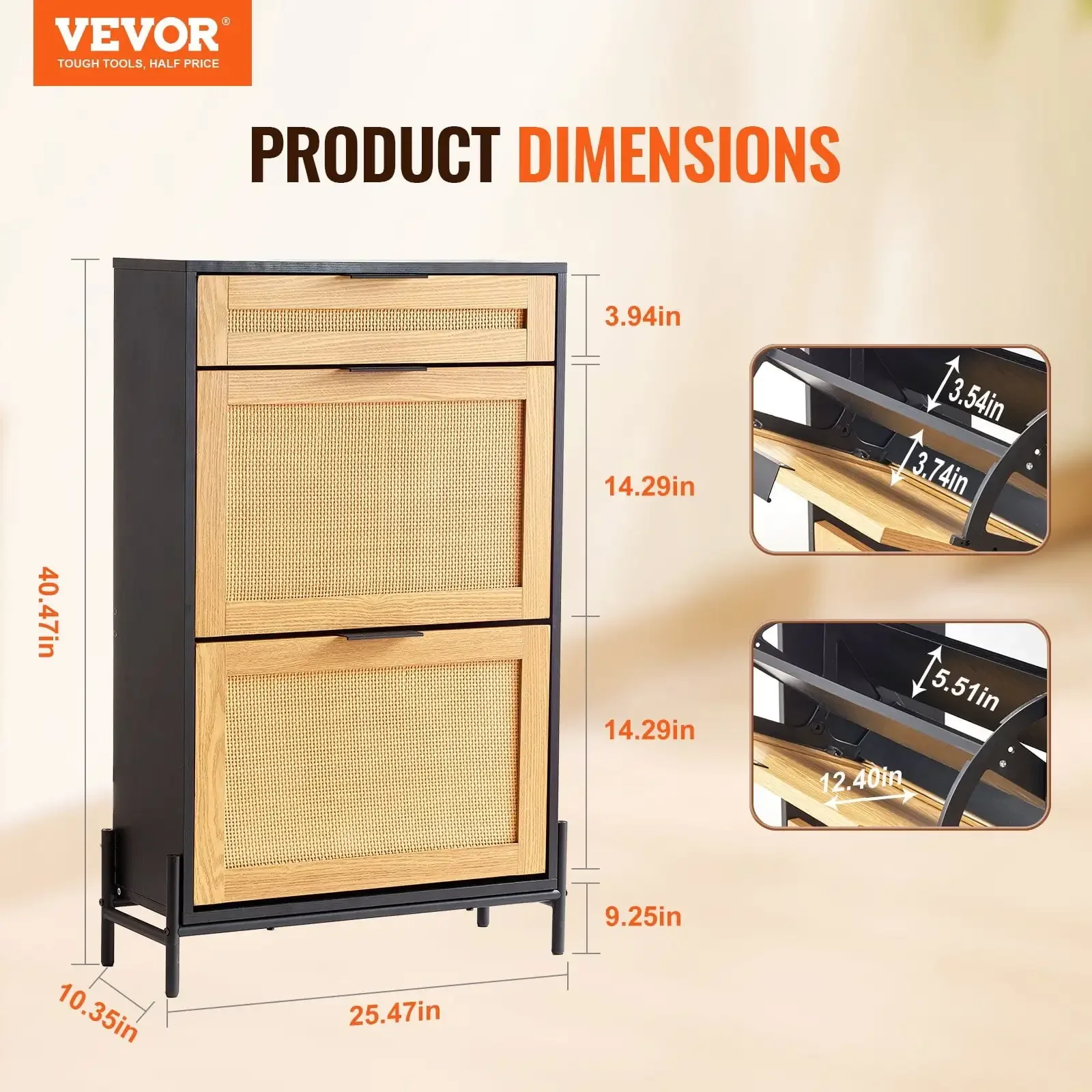 Rattan Shoe Cabinet, Narrow Shoe Storage Organizer with 2 Flip Rattan Drawers 1 Slide Drawer, Metal Legs
Rattan Shoe Cabinet, Narrow Shoe Storage Organizer with 2 Flip Rattan Drawers 1 Slide Drawer, Metal Legs