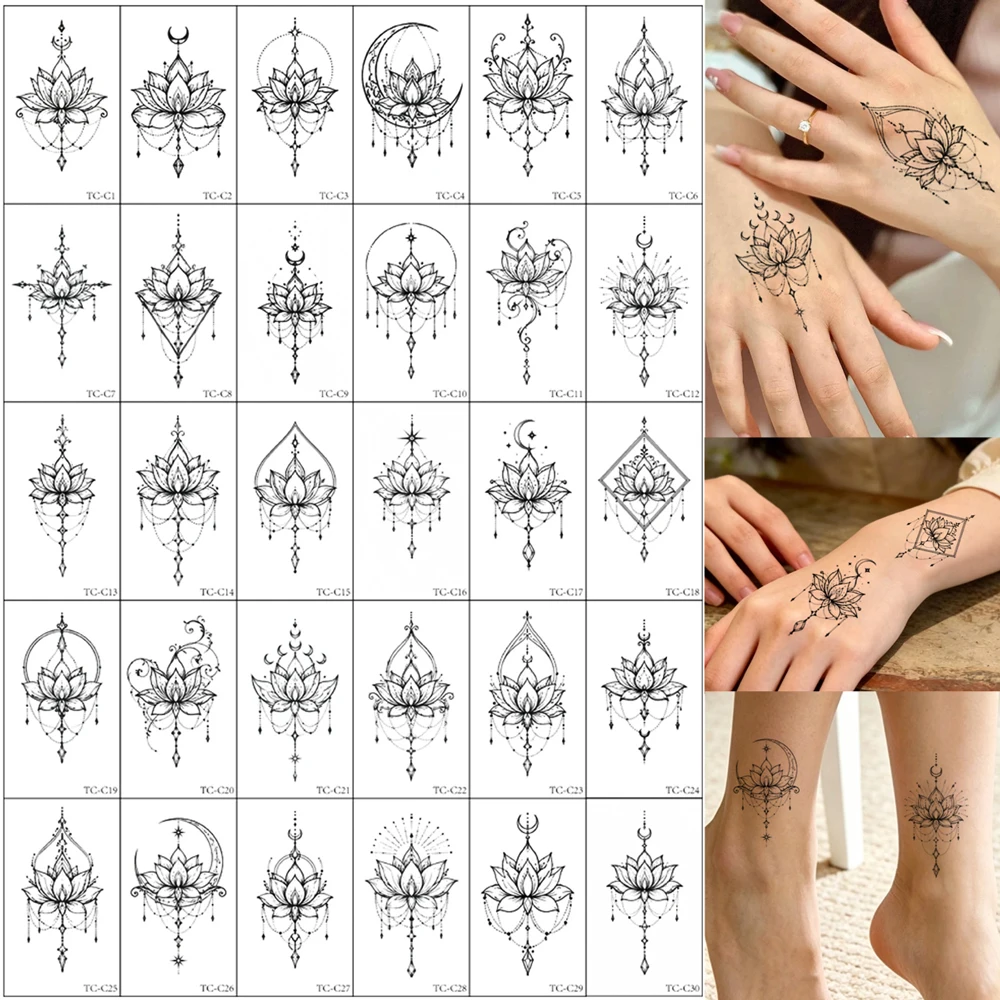 30pcs Lotus Temporary Tattoos Flower Moon Tattoo Stickers for Women Men Disposable Henna Stickers Body Makeup Fake Tattoo
30pcs Lotus Temporary Tattoos Flower Moon Tattoo Stickers for Women Men Disposable Henna Stickers Body Makeup Fake Tattoo