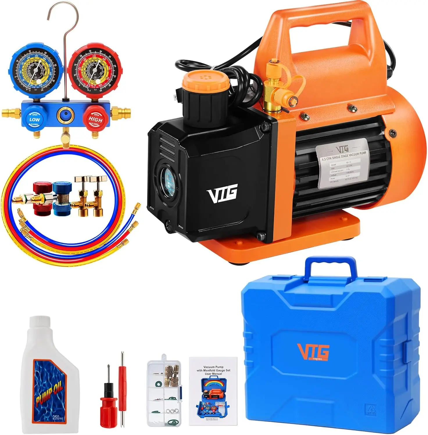 4.5 CFM AC Vacuum Pump and Gauge Set,for Mini Split/HVAC/Auto Systems,Manifold Gauge Kit Compatible with R22, R32, R134a,R410a,I
4.5 CFM AC Vacuum Pump and Gauge Set,for Mini Split/HVAC/Auto Systems,Manifold Gauge Kit Compatible with R22, R32, R134a,R410a,I