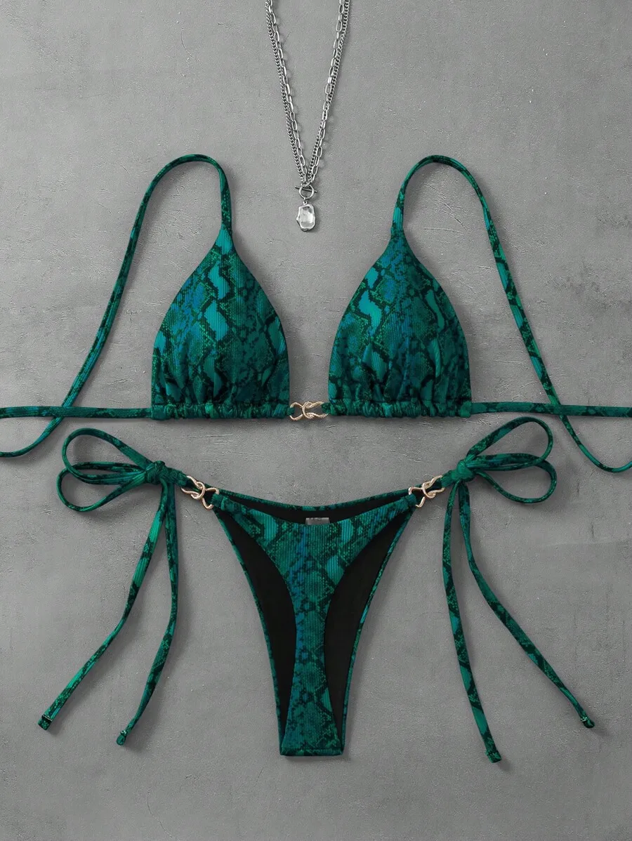 Emerald Snake Print Triangle Top Side Tie Bottom Bikini Set Summer Beach
Emerald Snake Print Triangle Top Side Tie Bottom Bikini Set Summer Beach