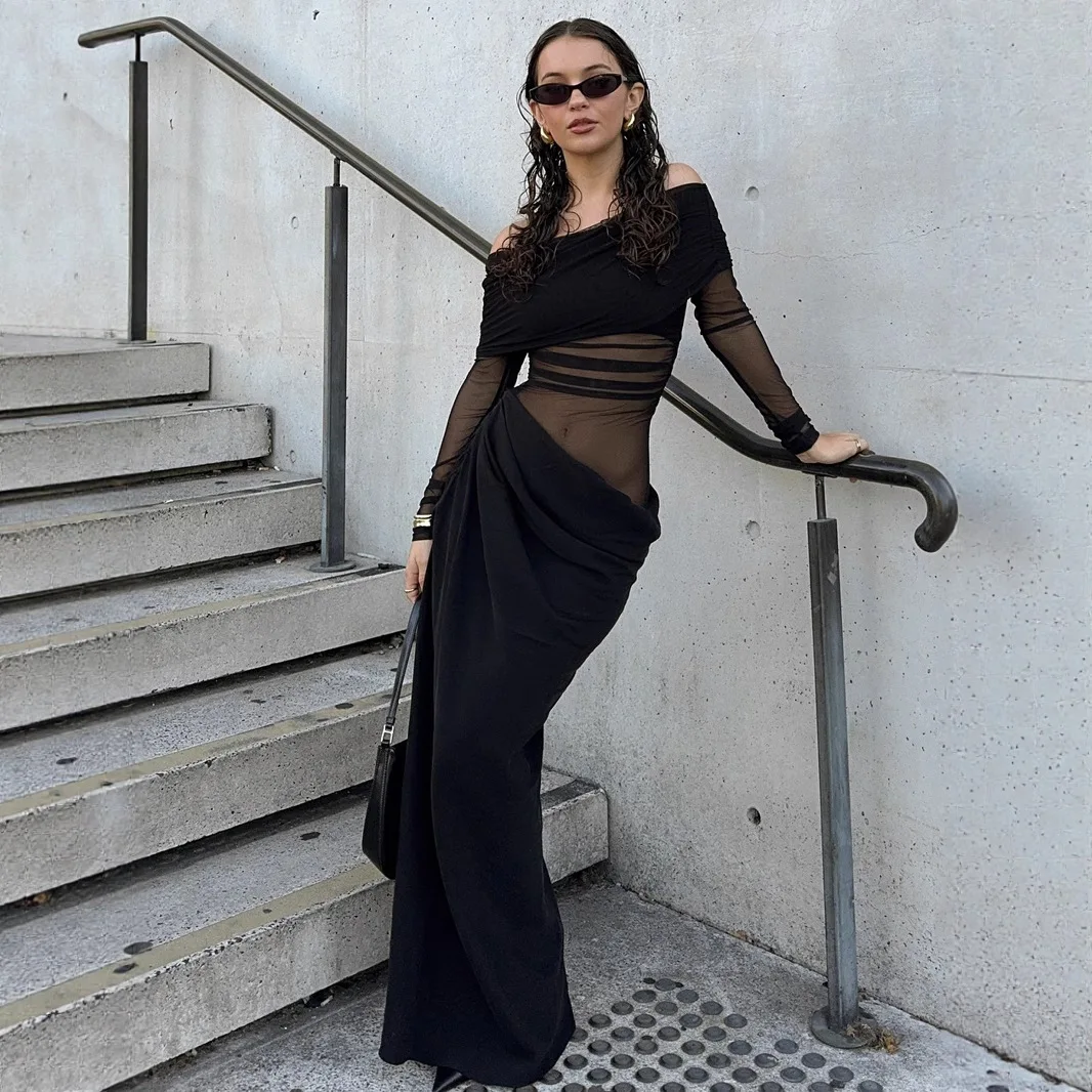 2025 Summer New Women's Holiday Style One-neck Mesh Splicing Fake Two-piece Dress Elegant Perspective Temperament Long Dress 
2025 Summer New Women's Holiday Style One-neck Mesh Splicing Fake Two-piece Dress Elegant Perspective Temperament Long Dress