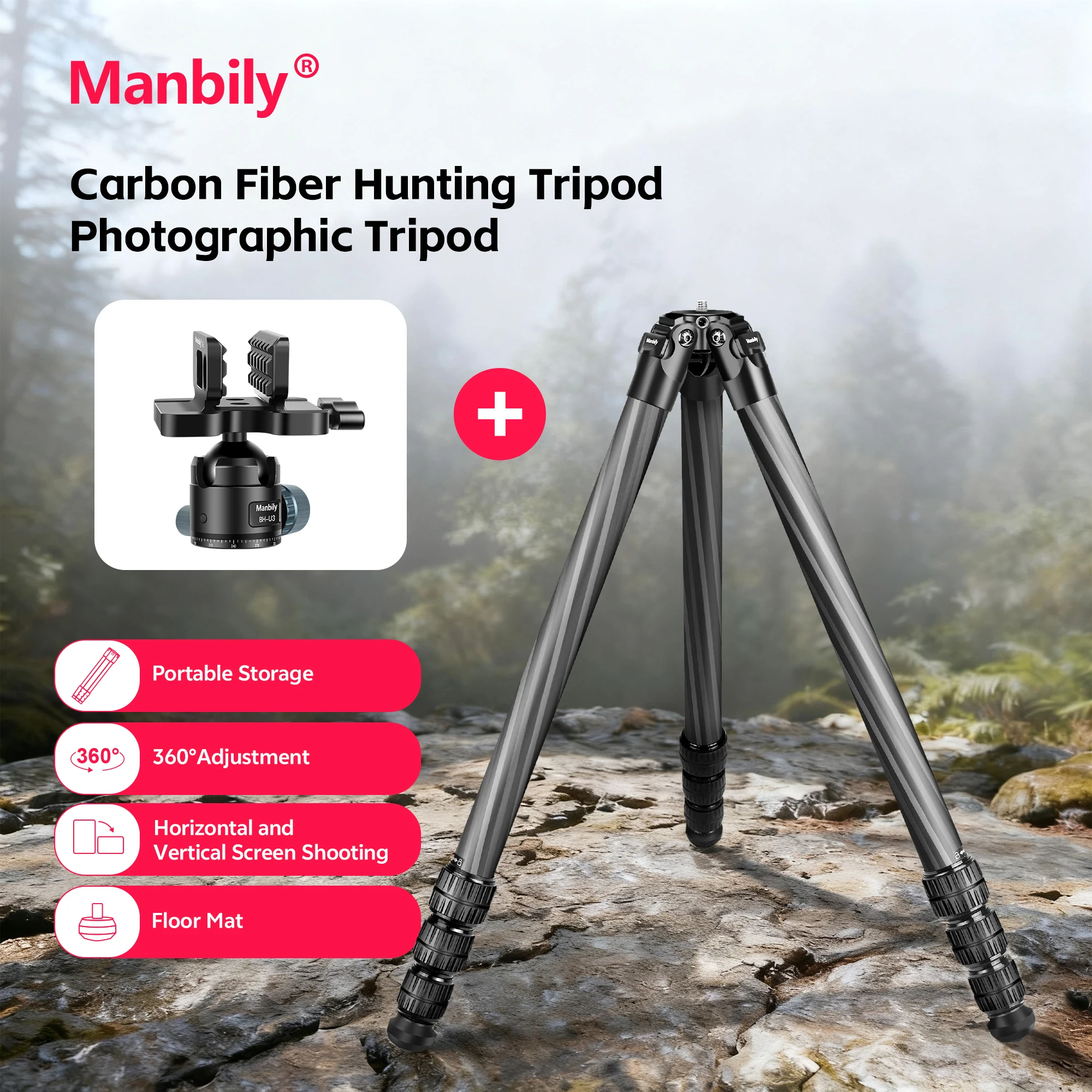 Manbily Carbon Fiber Hunting Tripods with 44mm Ball Head 63.5" Heavy Duty Stable Tripod for Outdoors (WZ-324+BH-U3)
Manbily Carbon Fiber Hunting Tripods with 44mm Ball Head 63.5" Heavy Duty Stable Tripod for Outdoors (WZ-324+BH-U3)