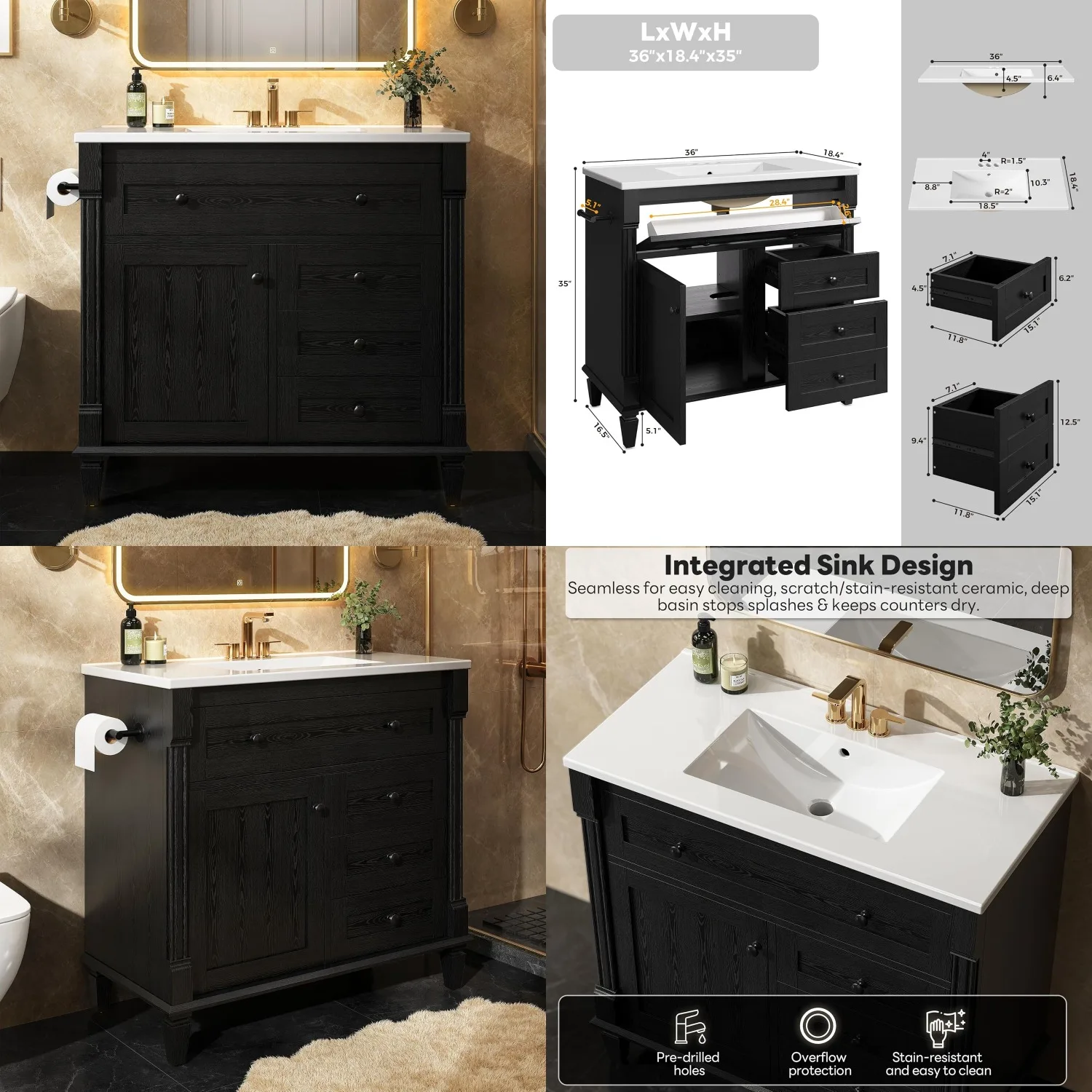 36in Bathroom Vanity with Sink Towel Rack Adjustable Wood Legs Tip-Out Drawer 2 Drawers Shelf Black Customized
36in Bathroom Vanity with Sink Towel Rack Adjustable Wood Legs Tip-Out Drawer 2 Drawers Shelf Black Customized