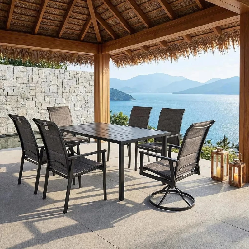 Outdoor modern quick-drying dining table and chair set with swivel chair, garden furniture for 6 people
Outdoor modern quick-drying dining table and chair set with swivel chair, garden furniture for 6 people