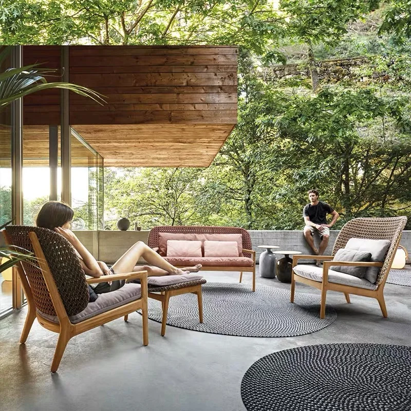 Outdoor solid wood sofa leisure outdoor rocking chair homestay rattan chair combination 
Outdoor solid wood sofa leisure outdoor rocking chair homestay rattan chair combination