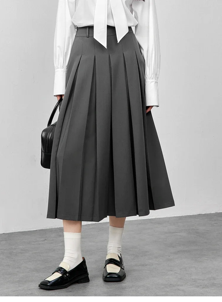 SENTUBILA Pleated Skirts Women's 2025 Spring Fashion Preppy Style Grey A-line High-waist Loose Fit Simple Midi Skirt 151Q58688
SENTUBILA Pleated Skirts Women's 2025 Spring Fashion Preppy Style Grey A-line High-waist Loose Fit Simple Midi Skirt 151Q58688