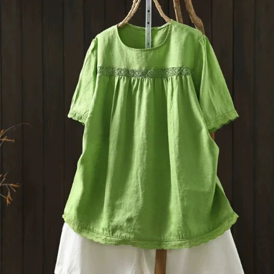 Women Summer New Mori Girl Solid Color Lace Patchwork Pure Linen Shirt Vintage O-Neck Short Sleeve Casual Loose Blouse Tops
Women Summer New Mori Girl Solid Color Lace Patchwork Pure Linen Shirt Vintage O-Neck Short Sleeve Casual Loose Blouse Tops