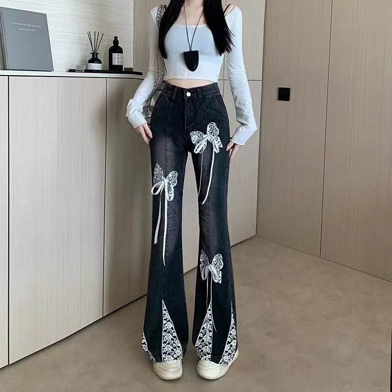 Women's Vintage Lace Bow Micro Flared Black Denim Pants Personalized Trousers Cool Girl Casual Bottoms Female Bell-bottom Jeans
Women's Vintage Lace Bow Micro Flared Black Denim Pants Personalized Trousers Cool Girl Casual Bottoms Female Bell-bottom Jeans