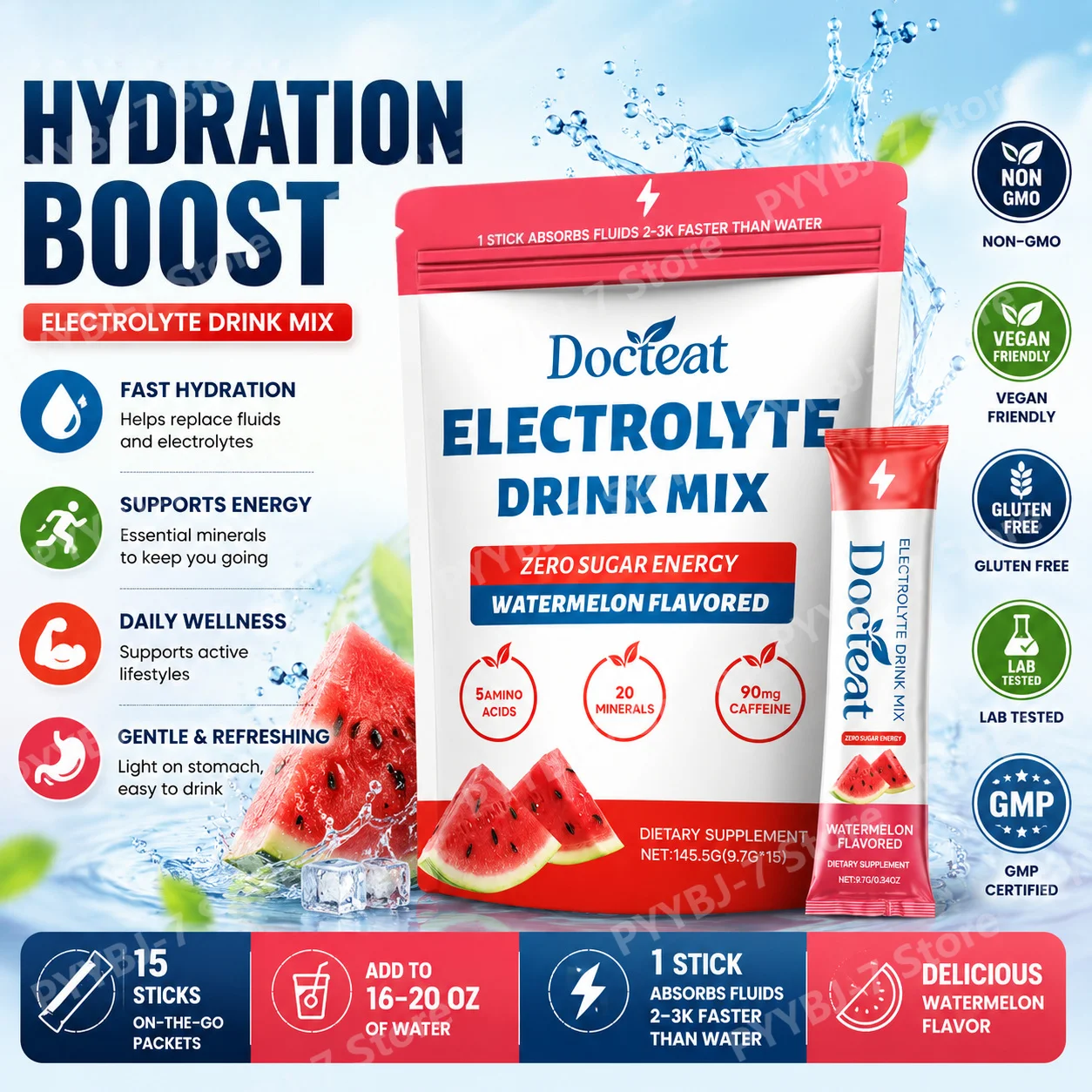 Zero Sugar Watermelon Electrolyte Powder with 90mg Caffeine Amino Acids Minerals Vitamins Provide Energy Replenishment 15 Sticks
Zero Sugar Watermelon Electrolyte Powder with 90mg Caffeine Amino Acids Minerals Vitamins Provide Energy Replenishment 15 Sticks