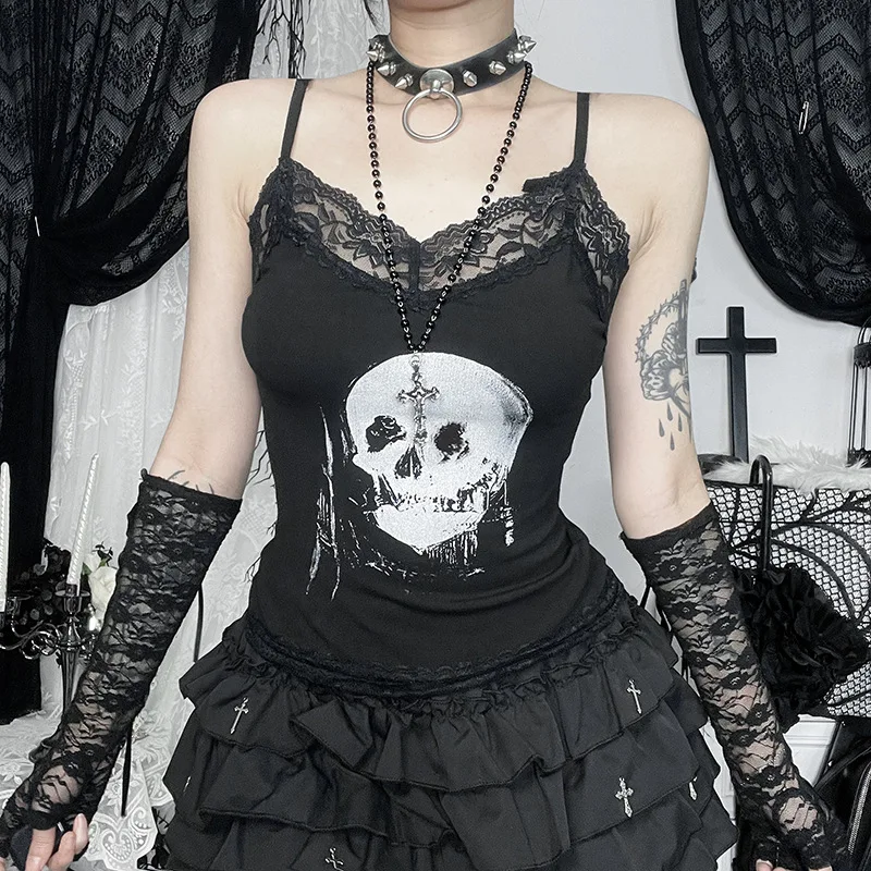 Anime Skull Print Streetwear Mini Tank Top with Straps Fairy Lace Stitch Slim Fit Sexy Bodycon Gothic Club Outfit for Women
Anime Skull Print Streetwear Mini Tank Top with Straps Fairy Lace Stitch Slim Fit Sexy Bodycon Gothic Club Outfit for Women