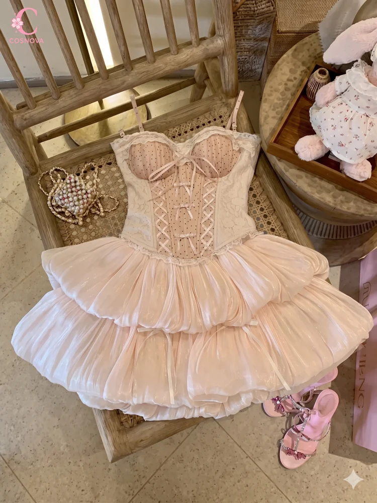 Ballet Princess Lace Strap Corset Dresses Women Layered Puff Skirt Bow Polka Dot Dress Female Elegant Party Chic Popular Clothes
Ballet Princess Lace Strap Corset Dresses Women Layered Puff Skirt Bow Polka Dot Dress Female Elegant Party Chic Popular Clothes