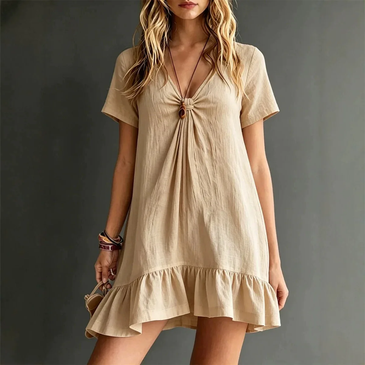 New Women's Solid Color V-Neck Short-Sleeve Casual Dress
New Women's Solid Color V-Neck Short-Sleeve Casual Dress