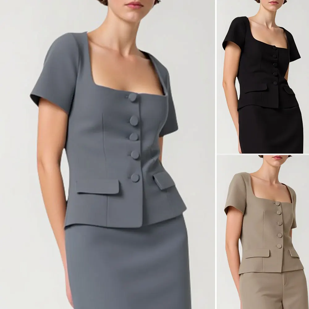 Mia Muse Boutique Легкие куртки с передним карманом на пуговицах, однотонные офисные женские куртки с короткими рукавами и квадратным вырезом для женщин 
Mia Muse Boutique Легкие куртки с передним карманом на пуговицах, однотонные офисные женские куртки с короткими рукавами и квадратным вырезом для женщин