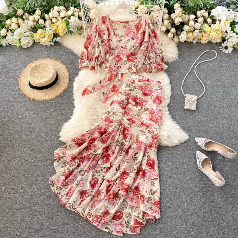 Vacation style two-piece Set new women's short strap chiffon shirt sexy feminine fish tail skirt
Vacation style two-piece Set new women's short strap chiffon shirt sexy feminine fish tail skirt