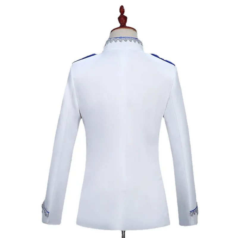 Men British Court Banquet Dress Spliced Suits 2026 New Mens Wedding Party Silver Silk Edge Blazer and Trouser with Blue Belt
Men British Court Banquet Dress Spliced Suits 2026 New Mens Wedding Party Silver Silk Edge Blazer and Trouser with Blue Belt