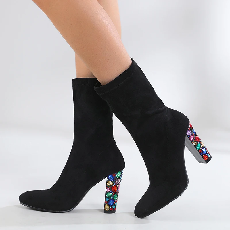 Autumn Winter Pointed Thick Heel Sequins Women's Boots Solid Color Black Fashion Ankle Boots Short Tube Slip On Elastic Fabric
Autumn Winter Pointed Thick Heel Sequins Women's Boots Solid Color Black Fashion Ankle Boots Short Tube Slip On Elastic Fabric