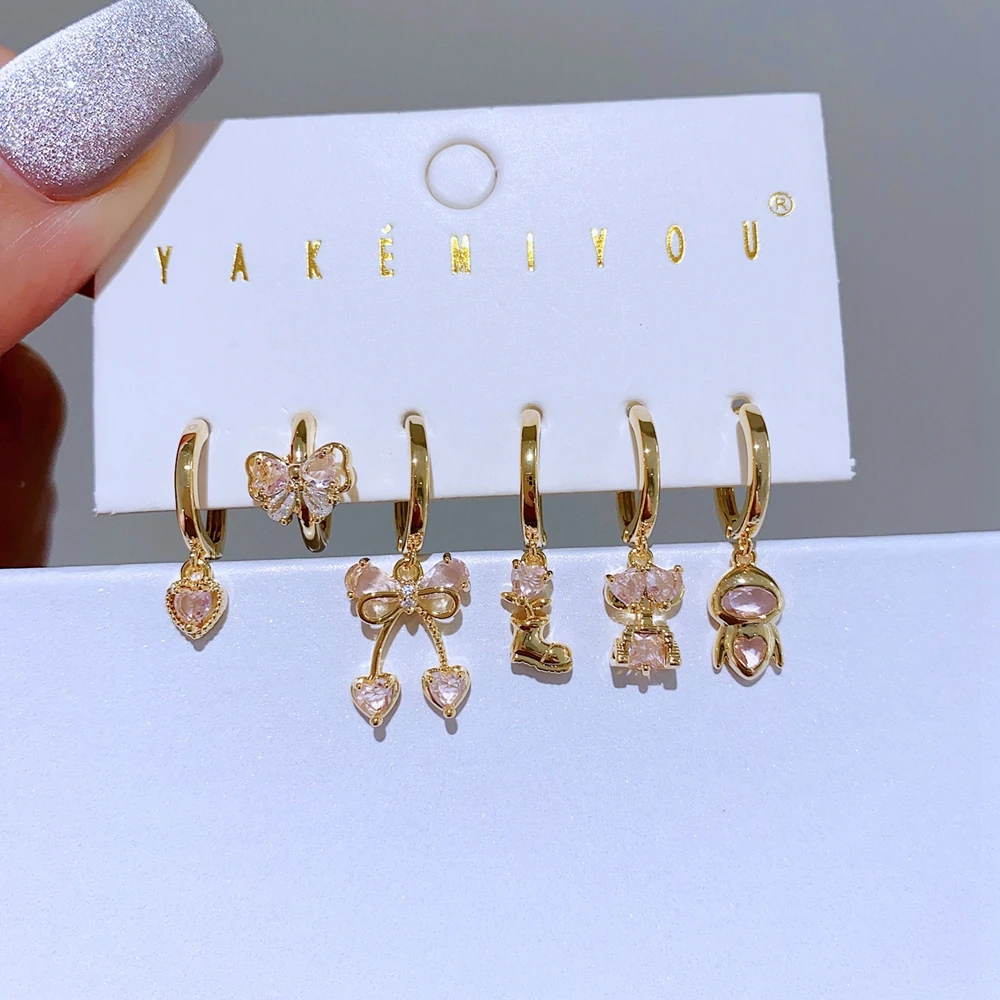 MIGGA 6pcs Pink Heart Bowknot Cartoon Pendant Dangle Earrings Set Gold Plated Cubic Zircon Women Jewelry
MIGGA 6pcs Pink Heart Bowknot Cartoon Pendant Dangle Earrings Set Gold Plated Cubic Zircon Women Jewelry