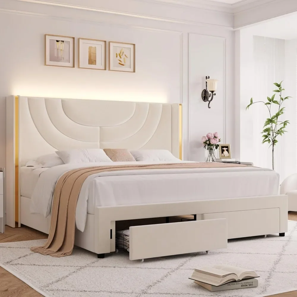 Queen Upholstered LED Bed Frame with 2 Storage Drawers, Velvet Platform Bed with Wingback Headboard
Queen Upholstered LED Bed Frame with 2 Storage Drawers, Velvet Platform Bed with Wingback Headboard