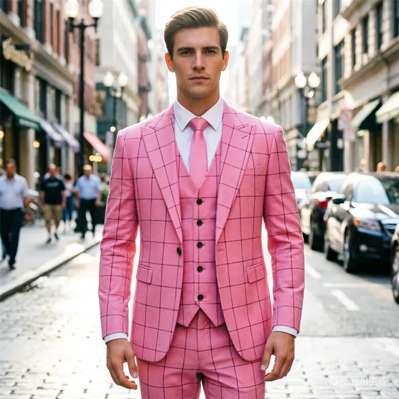 Men's European size pink checkered suit three piece set, single button fashionable and simple men's wedding ball dress set
Men's European size pink checkered suit three piece set, single button fashionable and simple men's wedding ball dress set
