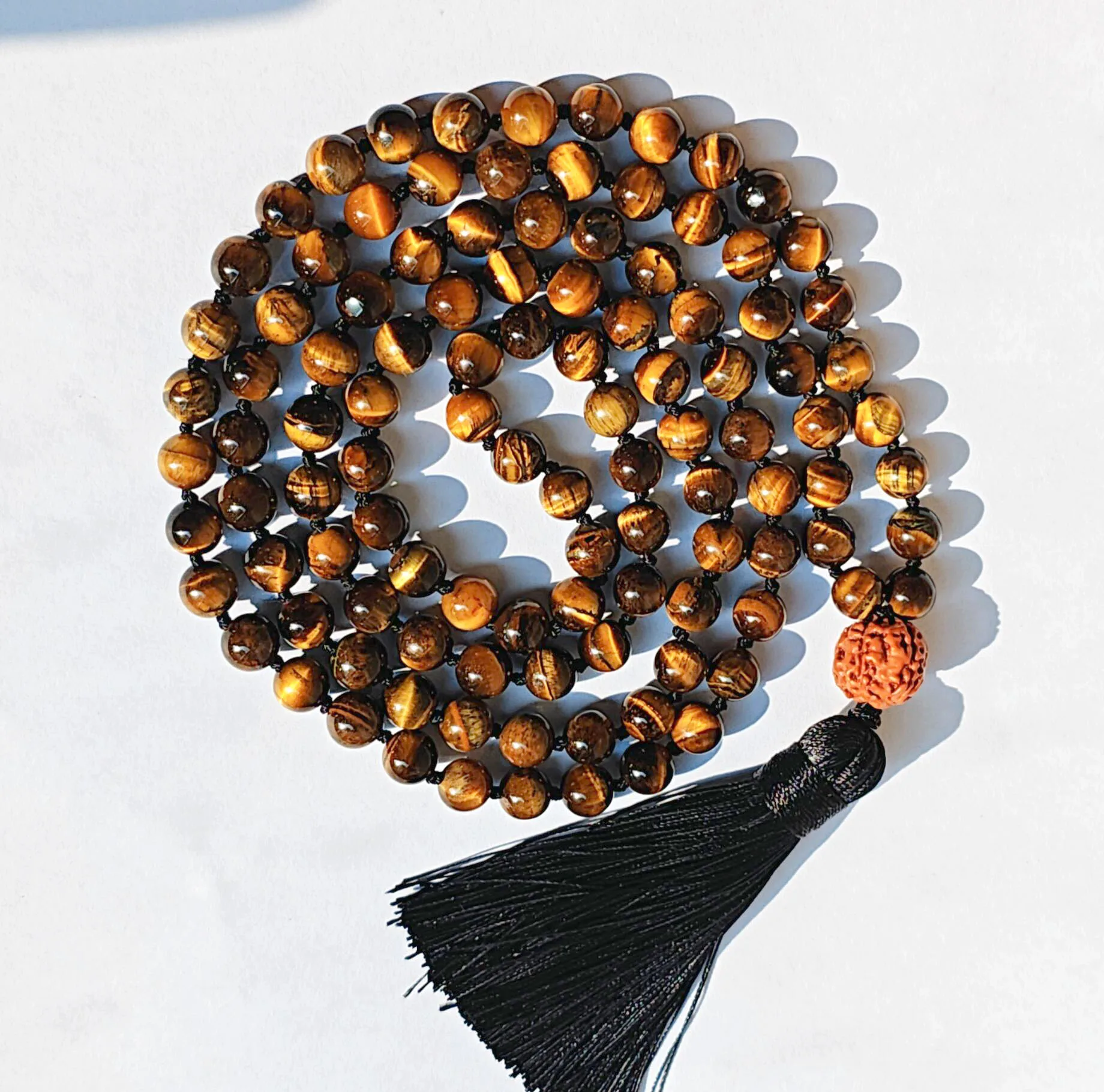 Boho Tiger Eye & Rudraksha 108 Mala Bead Necklace with Black Tassel Men's Earthy Fashion Jewelry
Boho Tiger Eye & Rudraksha 108 Mala Bead Necklace with Black Tassel Men's Earthy Fashion Jewelry