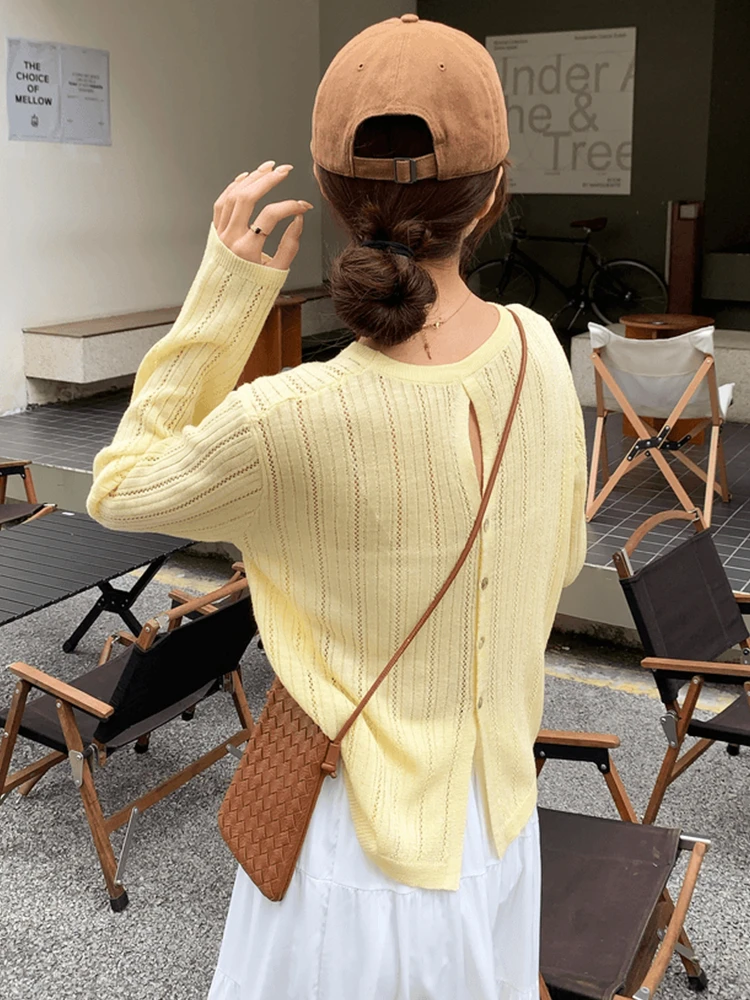 Thin Long Sleeve Knitted Sweater Back Button Women's Fashion Summer New Arrival Loose Fit Korean Style Sun Protection Mesh Top
Thin Long Sleeve Knitted Sweater Back Button Women's Fashion Summer New Arrival Loose Fit Korean Style Sun Protection Mesh Top