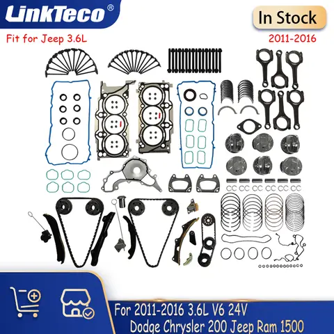 Engine Overhaul Kit Timing Chain Kit Full Gasket Set Piston Set Fit 3.6 L DOHC For 11-15 Dodge Chrysler 200 Jeep Ram 1500 3.6L