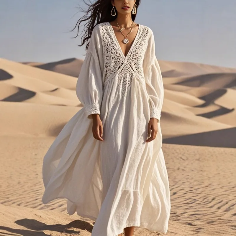Lace Cut-out Panel Loose Long Sleeve Dress 2026 Resort Beach Dress
Lace Cut-out Panel Loose Long Sleeve Dress 2026 Resort Beach Dress