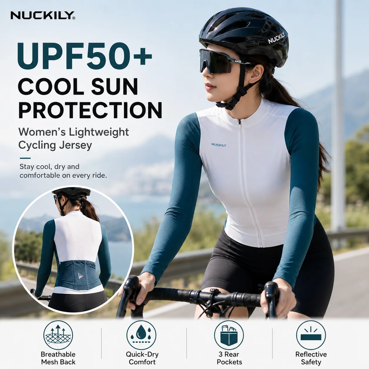NUCKILY Women's Cycling Jersey Long Sleeve UPF50+ Quick Dry Breathable Ice Silk Mesh with 3 Rear Pockets & Anti-slip Hem
NUCKILY Women's Cycling Jersey Long Sleeve UPF50+ Quick Dry Breathable Ice Silk Mesh with 3 Rear Pockets & Anti-slip Hem
