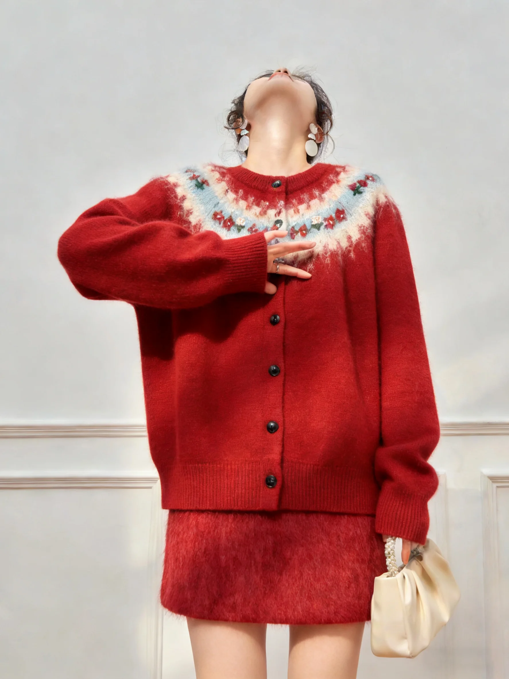 New Year Red Fair Isle Flower Embroidered Knitted Open Cardigan Sweater Loose Women's Top Casual Winter Faion Polyester Blend
New Year Red Fair Isle Flower Embroidered Knitted Open Cardigan Sweater Loose Women's Top Casual Winter Faion Polyester Blend