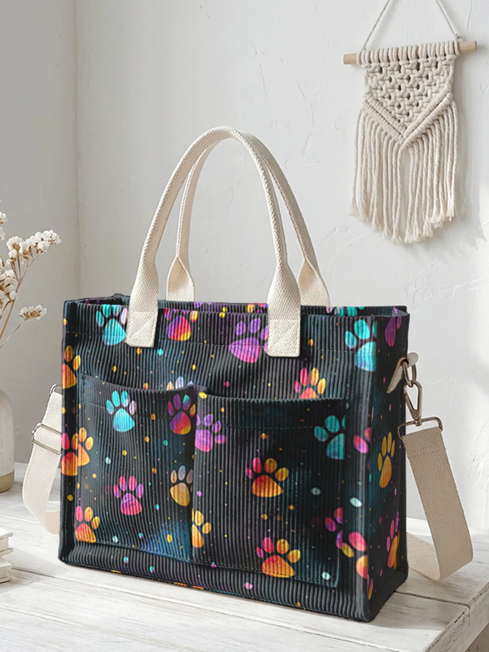 Colorful Paw Print Black Corduroy Tote Bag Large Capacity Multi Pocket Cat Dog Lover Commuter Shoulder Bag
Colorful Paw Print Black Corduroy Tote Bag Large Capacity Multi Pocket Cat Dog Lover Commuter Shoulder Bag