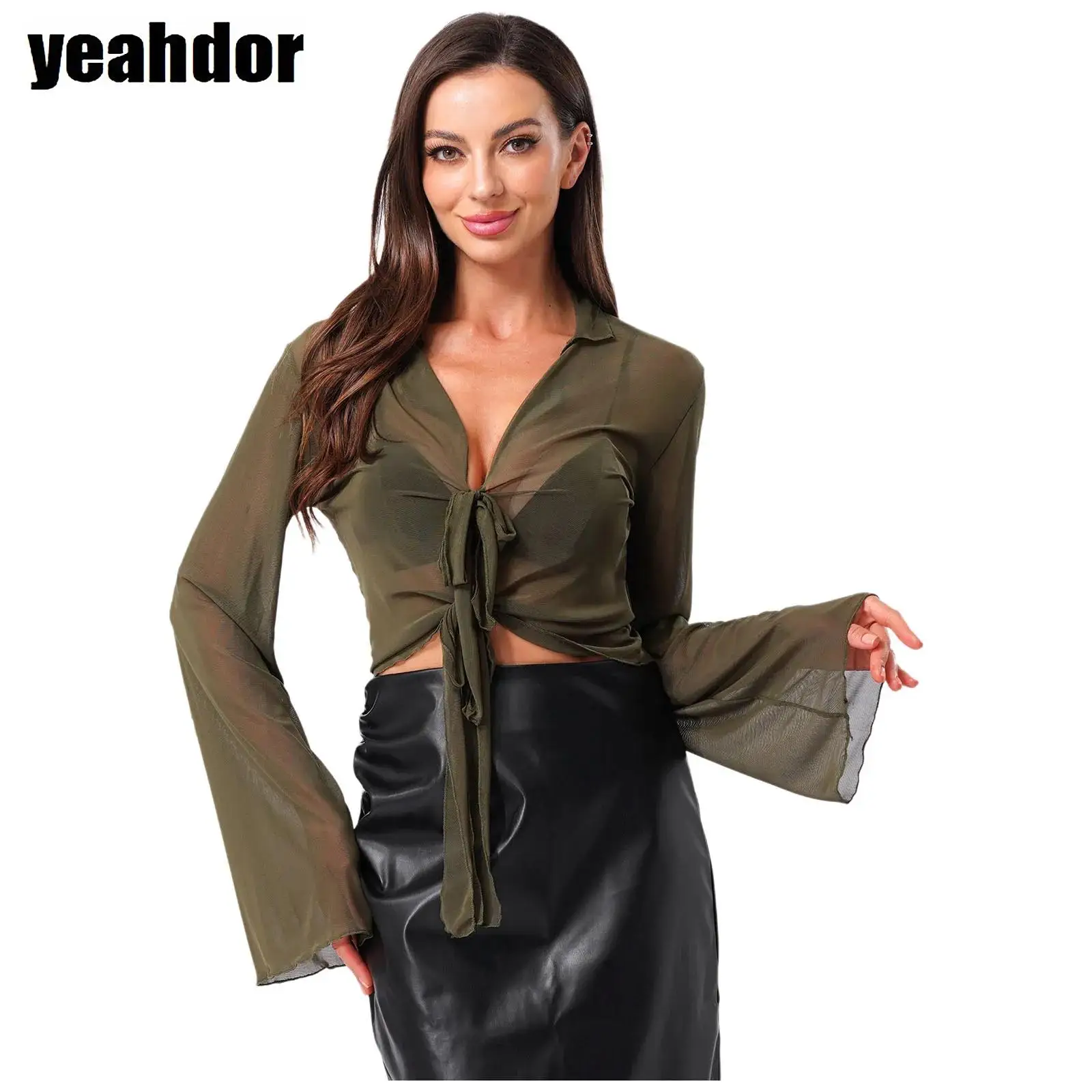 Sexy V-Neck Sheer T-Shirts Women Hot See-through Long Flared Sleeve Self-tied Strap Slim Fit Party Tops for Casual Daily Wear
Sexy V-Neck Sheer T-Shirts Women Hot See-through Long Flared Sleeve Self-tied Strap Slim Fit Party Tops for Casual Daily Wear