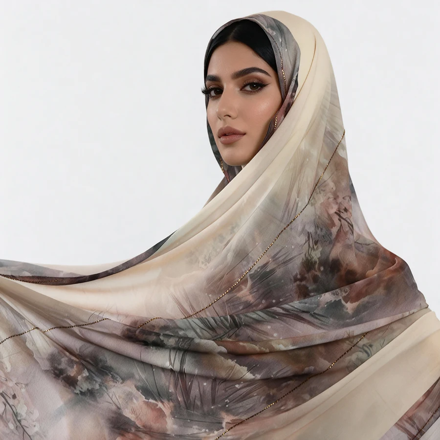 Элегантный хиджаб с цифровым принтом и сверкающими стразами, мягкий шифоновый шарф для женщин, легкий мусульманский головной убор
Элегантный хиджаб с цифровым принтом и сверкающими стразами, мягкий шифоновый шарф для женщин, легкий мусульманский головной убор