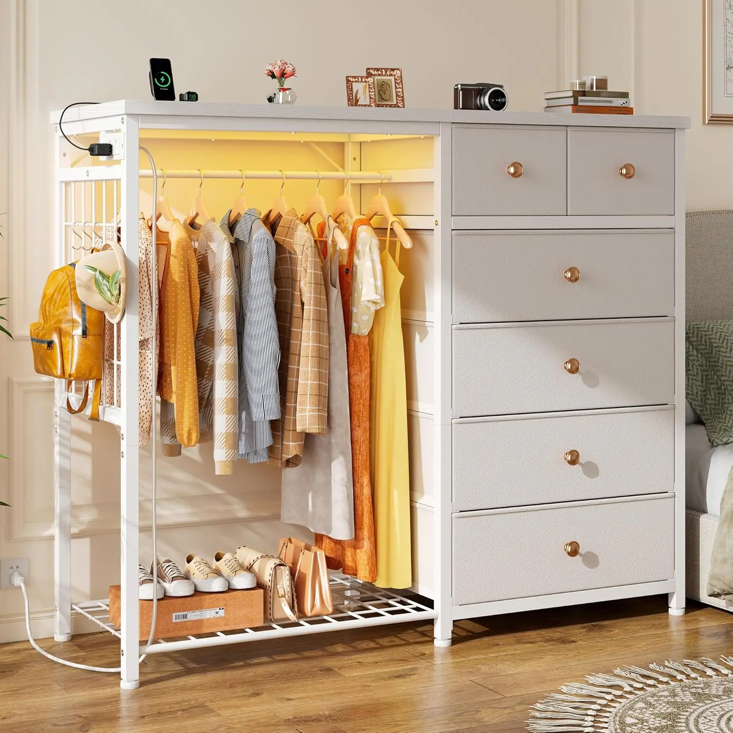 49.2" W White Dresser for Bedroom with Hanging Rack 6 Drawers Dresser with LED Lights & Charging Station Fabric Dressers
49.2" W White Dresser for Bedroom with Hanging Rack 6 Drawers Dresser with LED Lights & Charging Station Fabric Dressers