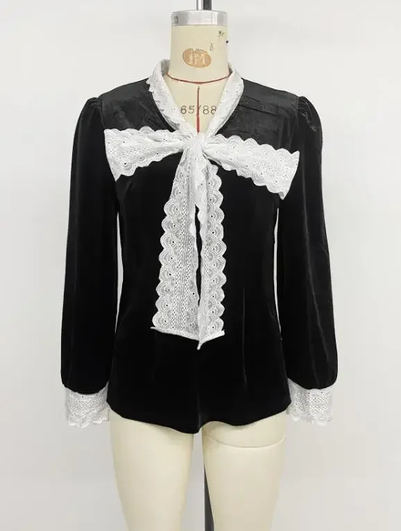 Female Elegant Retro Blouses Autumn and Winter Commuting Vintage Top Splicing Lace Collar Long Sleeve Bow Velvet Shirt for Women
Female Elegant Retro Blouses Autumn and Winter Commuting Vintage Top Splicing Lace Collar Long Sleeve Bow Velvet Shirt for Women