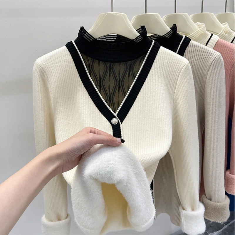 Fake Two-Piece Turtleneck Fleece Thick Winter Warm T-Shirts Women Knitted Shirts Tops Mesh Patchwork Knitwear 2024 New Trendy
Fake Two-Piece Turtleneck Fleece Thick Winter Warm T-Shirts Women Knitted Shirts Tops Mesh Patchwork Knitwear 2024 New Trendy
