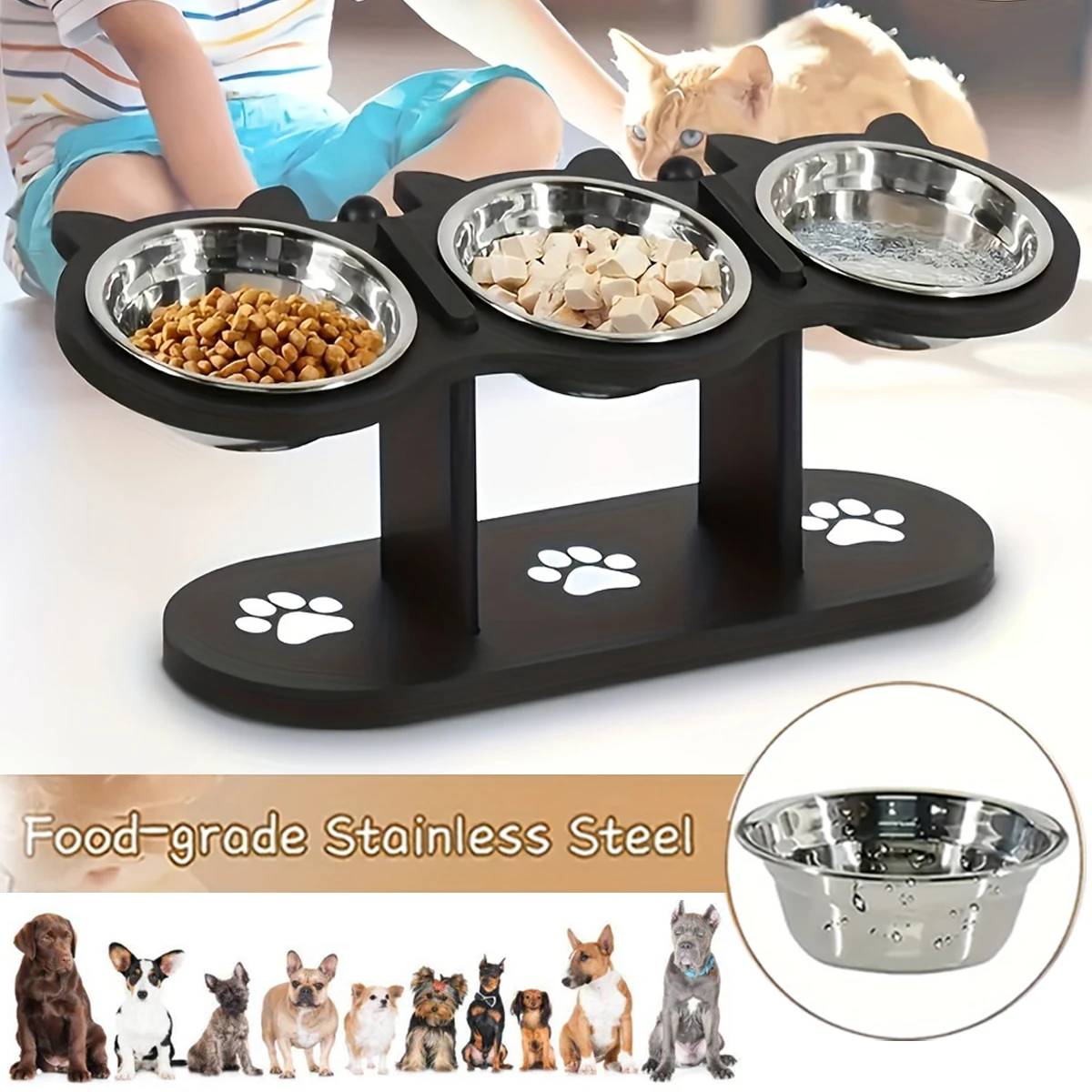 Wooden Pet Bowl Rack Anti Knock Pet Food Bowl with 3 Stainless Steel Bowls Adjustable and Detachable Suitable for Cats and Dogs
Wooden Pet Bowl Rack Anti Knock Pet Food Bowl with 3 Stainless Steel Bowls Adjustable and Detachable Suitable for Cats and Dogs