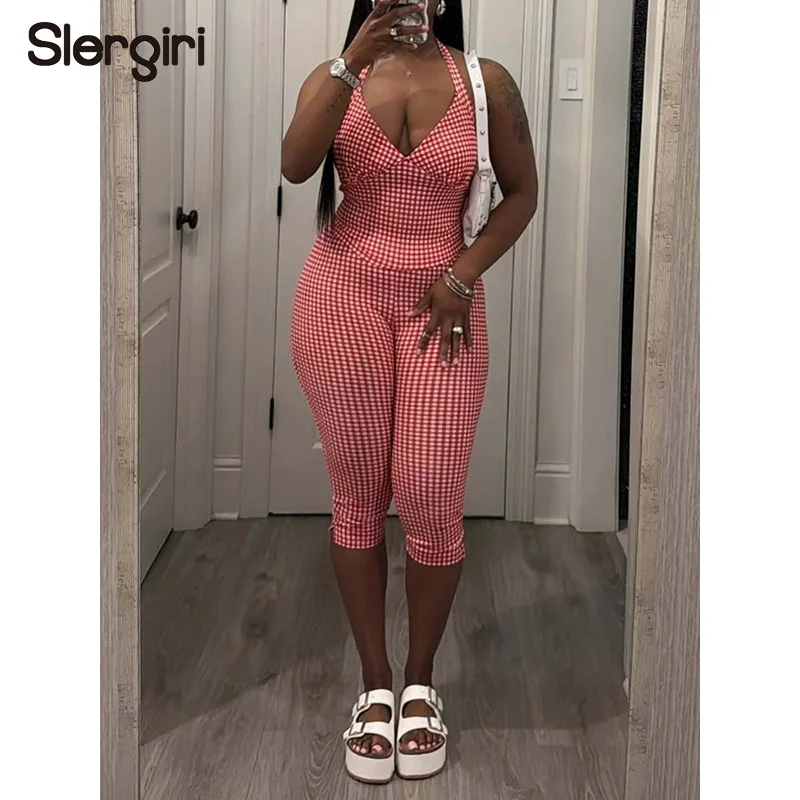 Slergiri Two Piece Outfit Women Fashion New 2026 Summer Sexy Backless Plaid Halter Top + Tight Cropped Pants Woman 2 Piece Set
Slergiri Two Piece Outfit Women Fashion New 2026 Summer Sexy Backless Plaid Halter Top + Tight Cropped Pants Woman 2 Piece Set