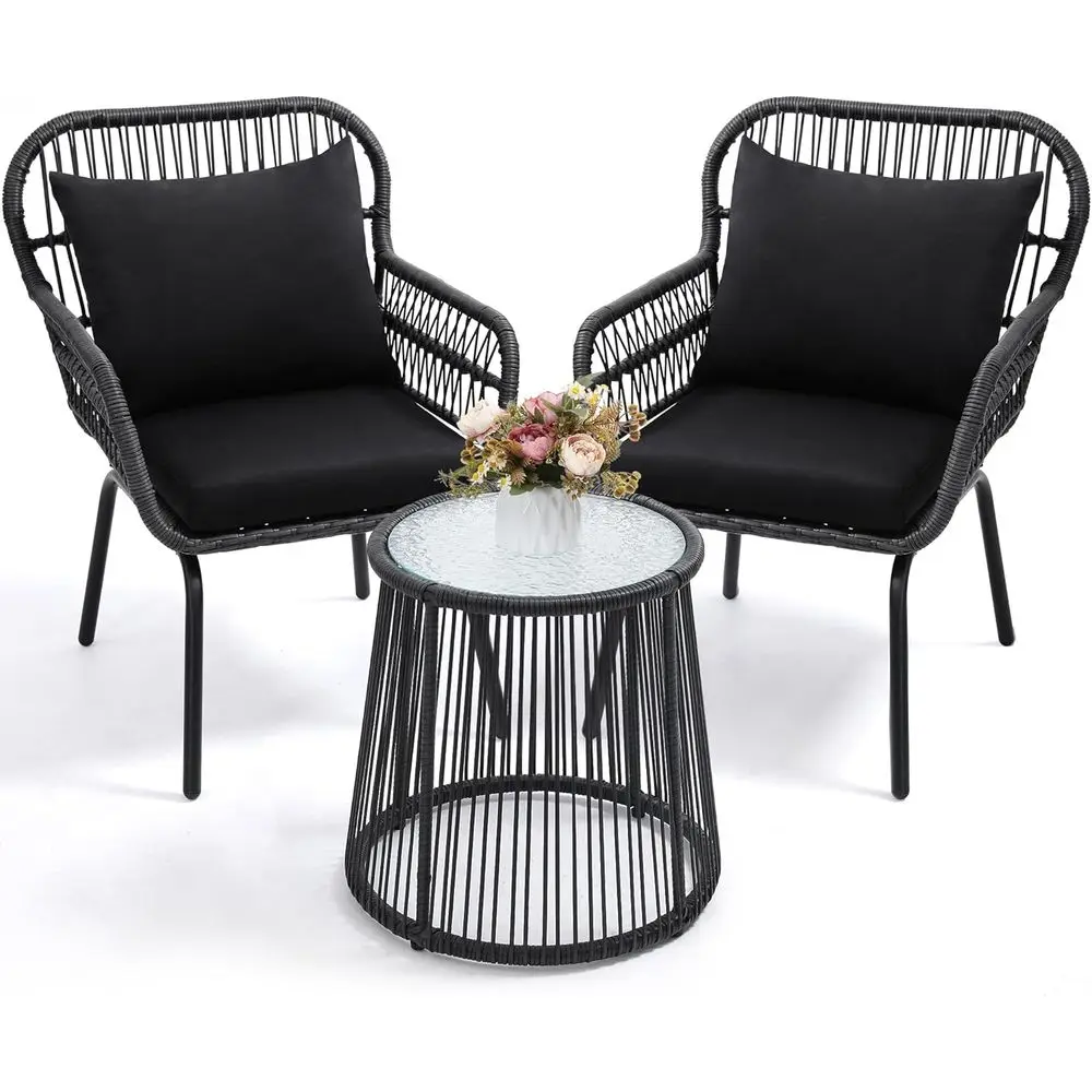 Space-Saving Black Rattan Bistro Set with Glass Top for Outdoor Balcony or Backyard
Space-Saving Black Rattan Bistro Set with Glass Top for Outdoor Balcony or Backyard
