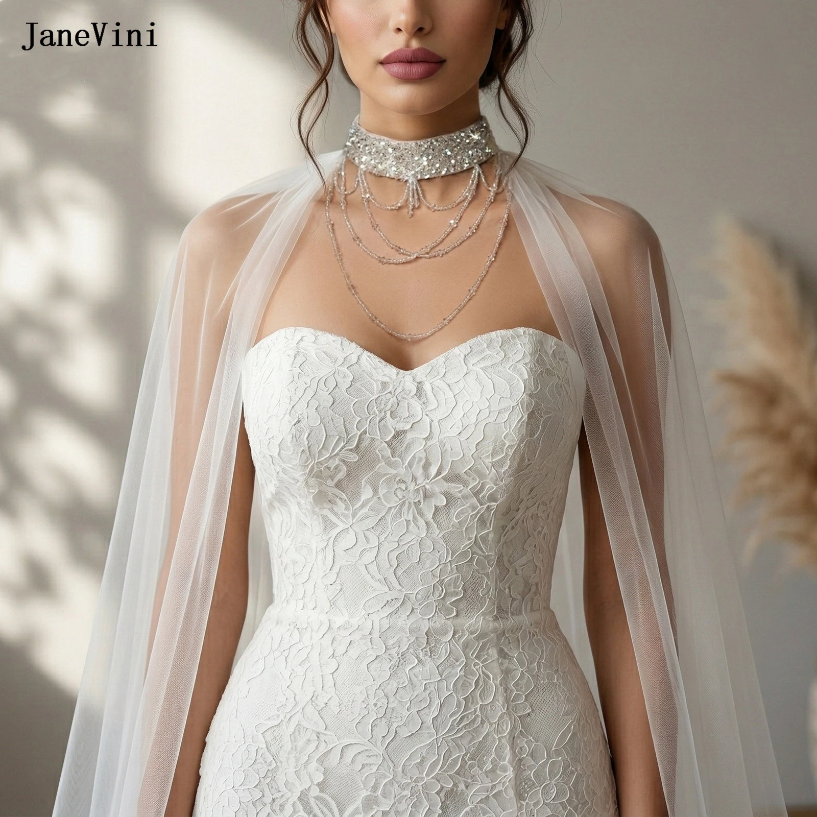 JaneVini New Bridal Cape Veil Tulle Long Wedding Shoulder Cloak with Beaded Choker Detachable Sheer Shawl Wrap for Bride Evening
JaneVini New Bridal Cape Veil Tulle Long Wedding Shoulder Cloak with Beaded Choker Detachable Sheer Shawl Wrap for Bride Evening