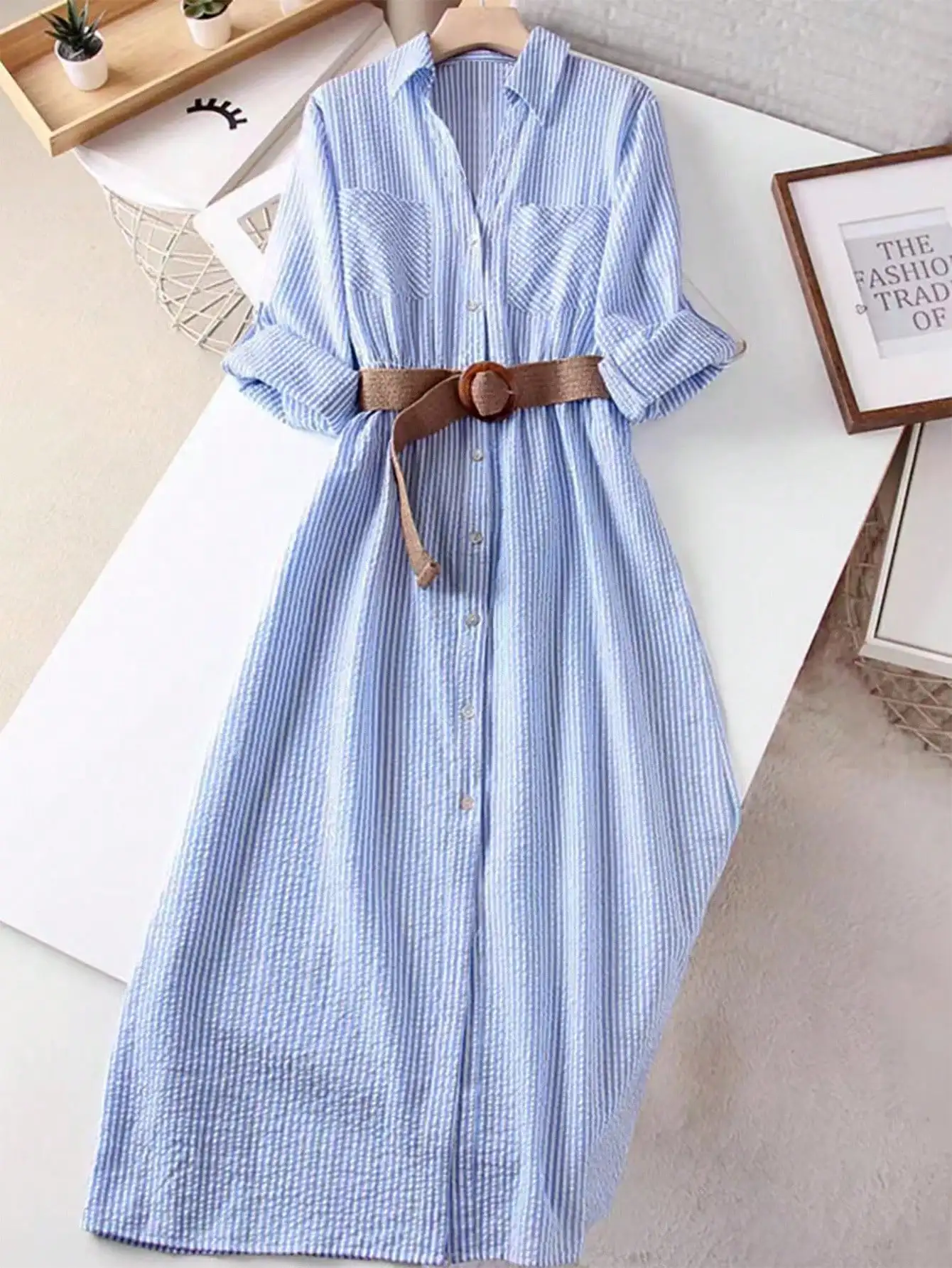 Blue and White Striped Long Sleeve Shirt Dress with Belt Pocket Casual A-Line Midi
Blue and White Striped Long Sleeve Shirt Dress with Belt Pocket Casual A-Line Midi